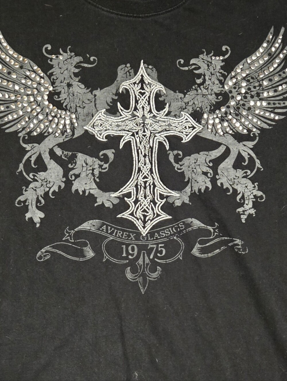 Avirex Black Tee with Silver Cross and Studded Wings